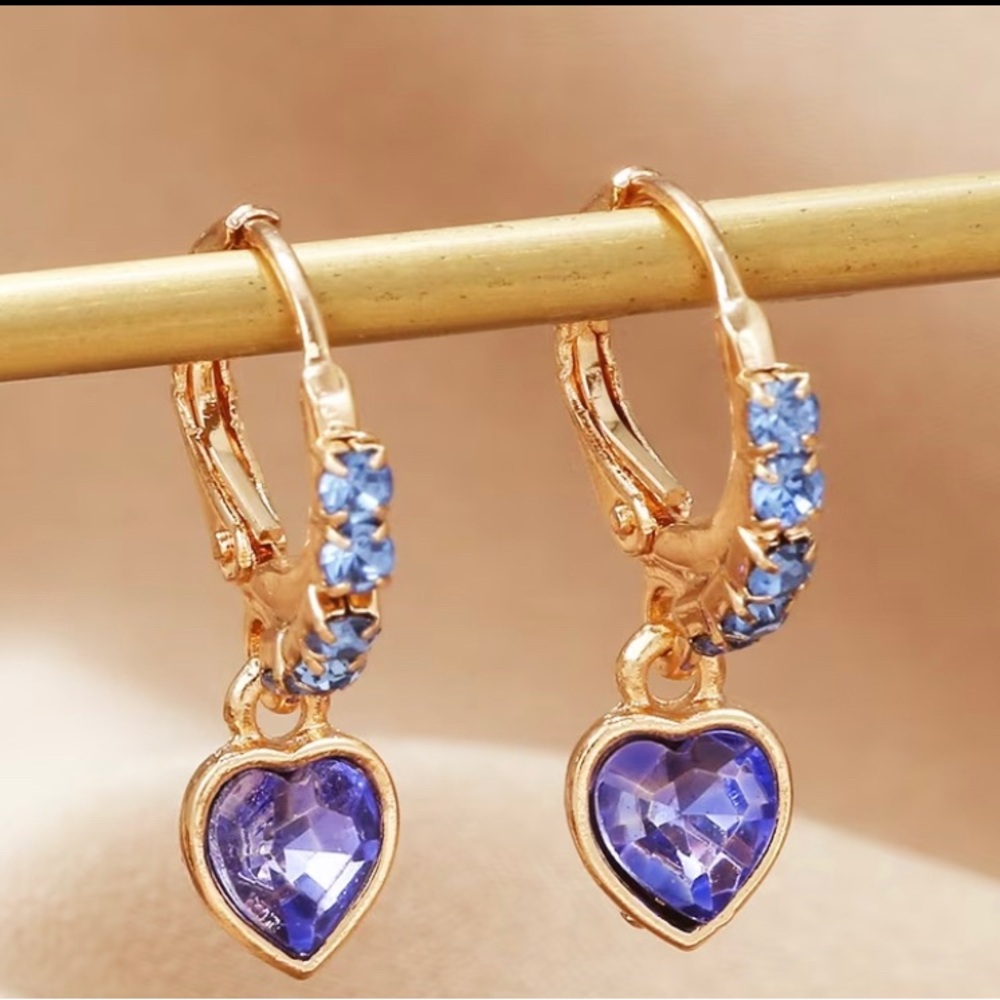 Gold-Tone Blue Glass Heart Drop Earrings